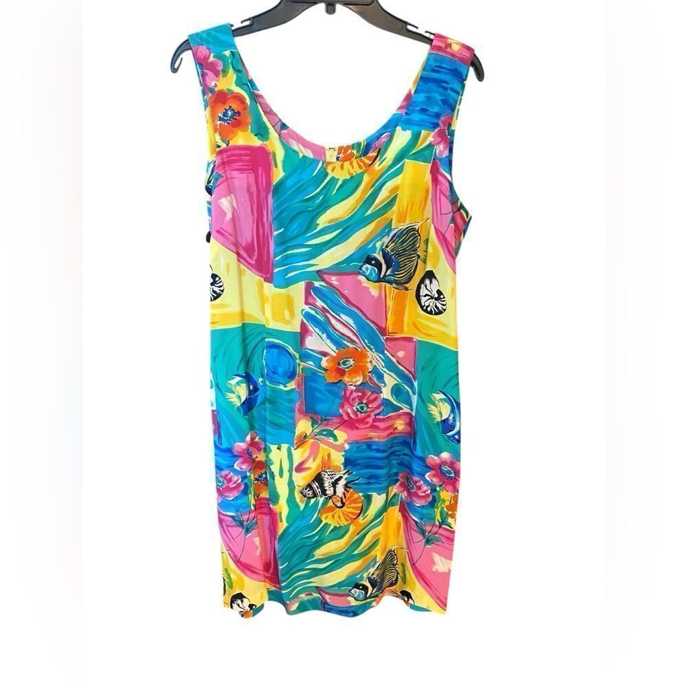 Bindi Sz L Vintage Hawaiian Vibrant Yellow Fish Print Sleeveless Tank Dress